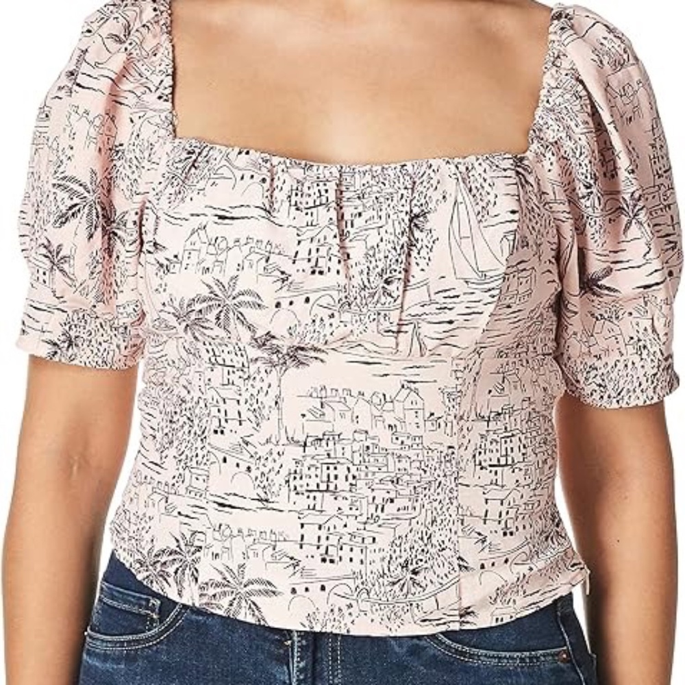 ASTR the Label Bondi Puff Sleeve Top–Toile Print, Square Neck, Pink, Size L NWOT